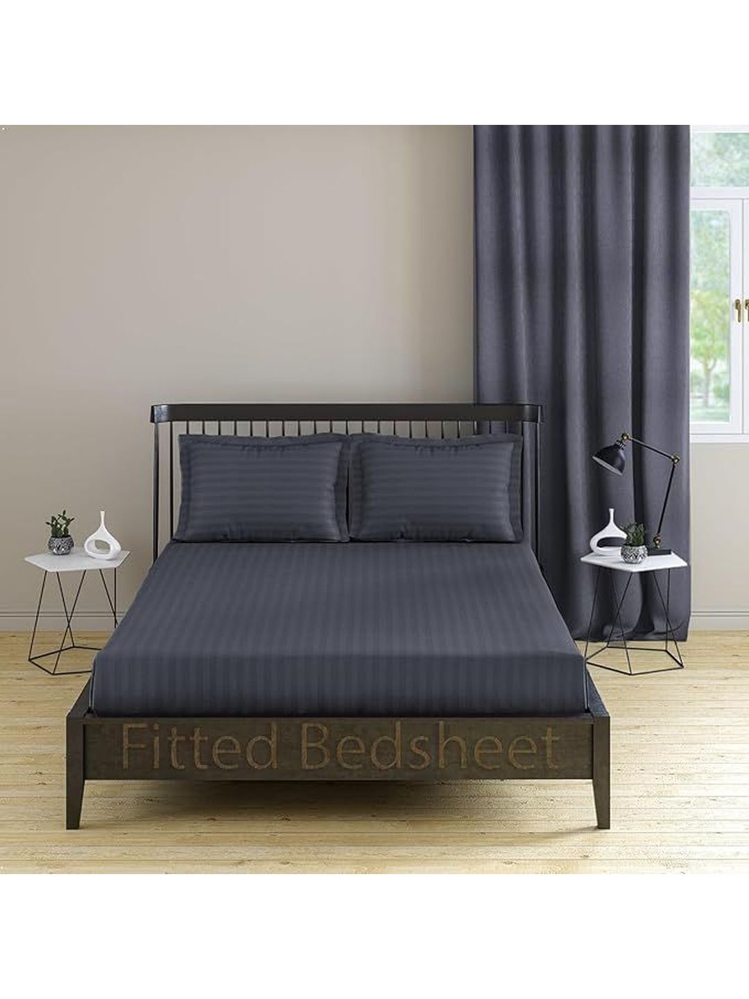 LUZDECOR LUZDECOR Grey & Grey Striped King Bedsheet with 2 Pillow Covers