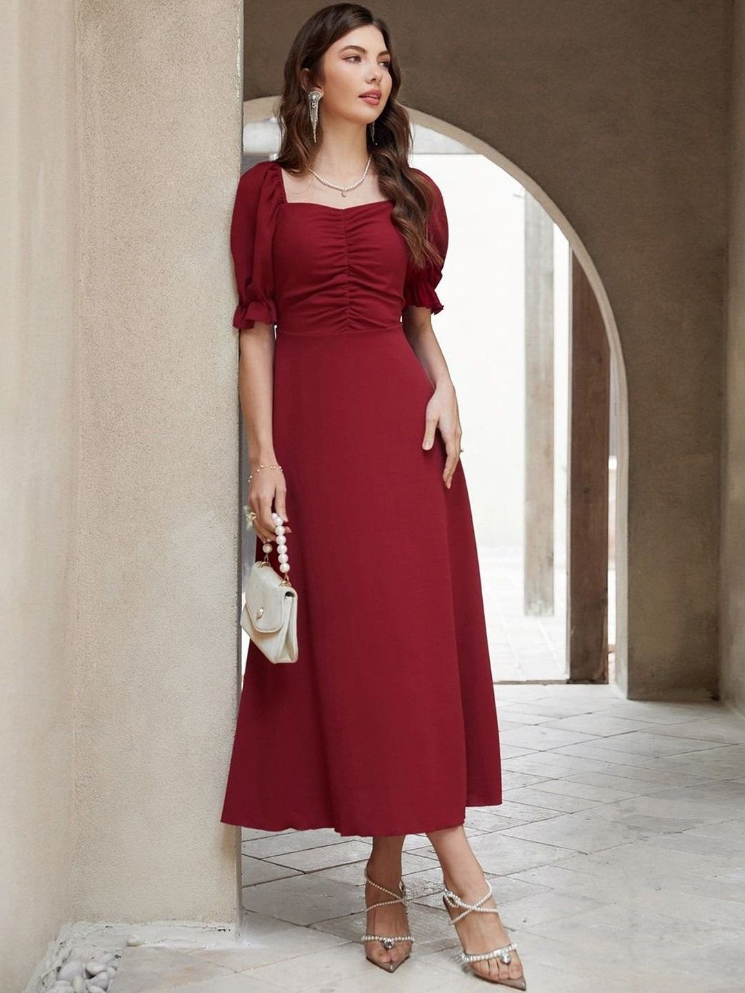 SHYAM SUNDARI SHYAM SUNDARI Puff Sleeve A-Line Midi Dress