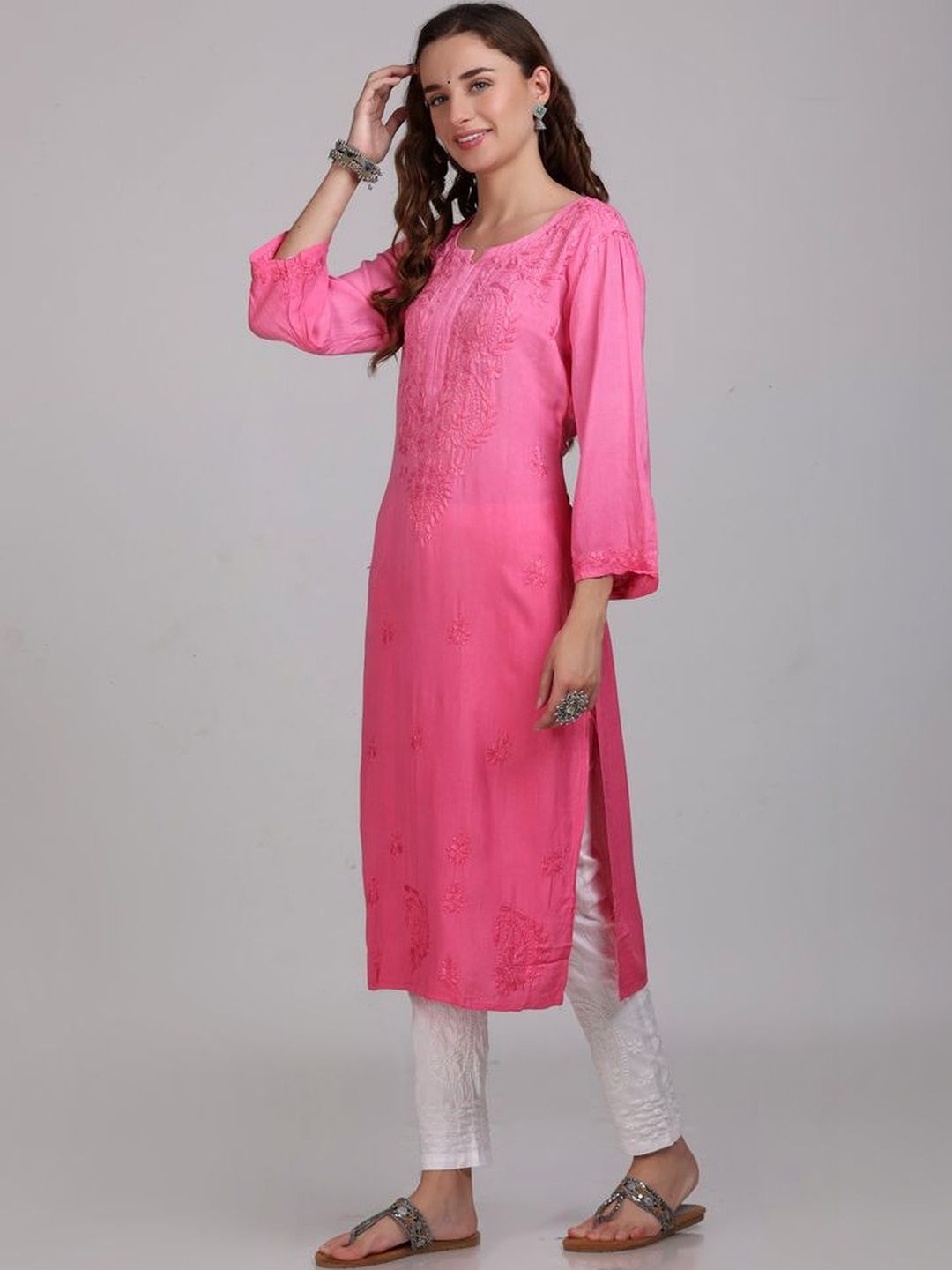 KHAKA Women Ethnic Motifs Embroidered Regular Chikankari Kurta with Churidar
