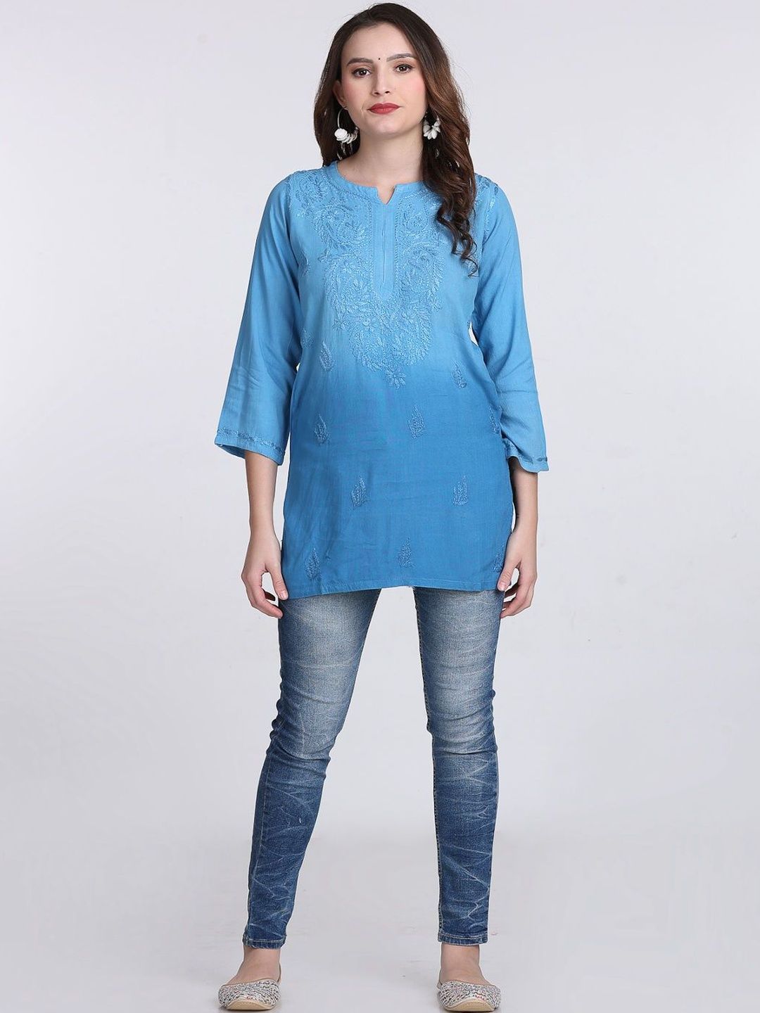 KHAKA Women Ethnic Motifs Embroidered Regular Chikankari Kurti with Trousers
