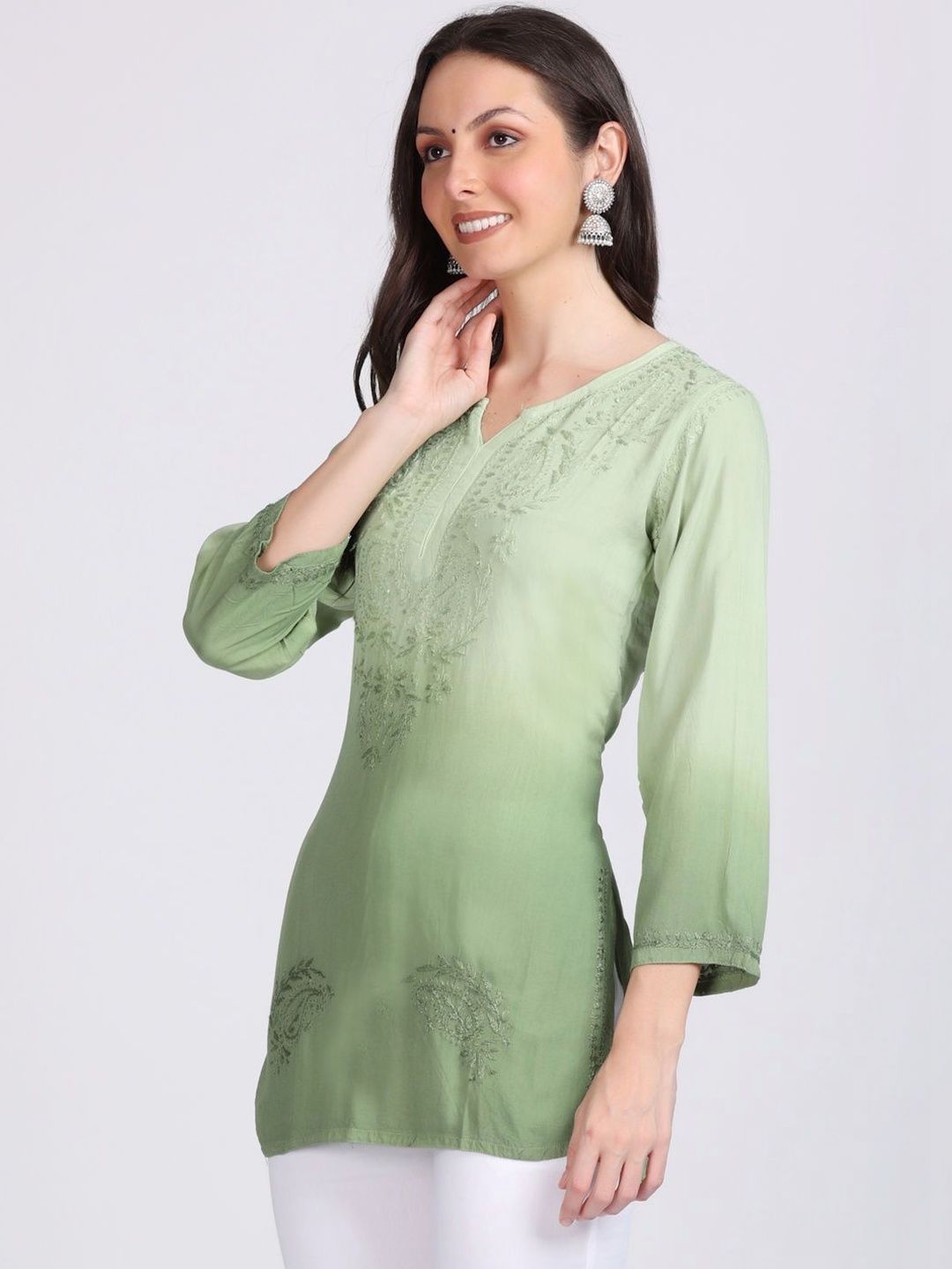 KHAKA Women Ethnic Motifs Embroidered Regular Chikankari Kurti with Trousers