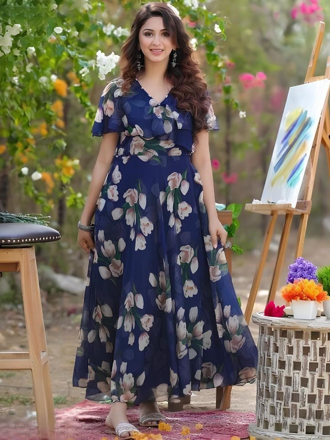 SHYAM SUNDARI Floral Print Flutter Sleeve Ruffled A-Line Maxi Dress