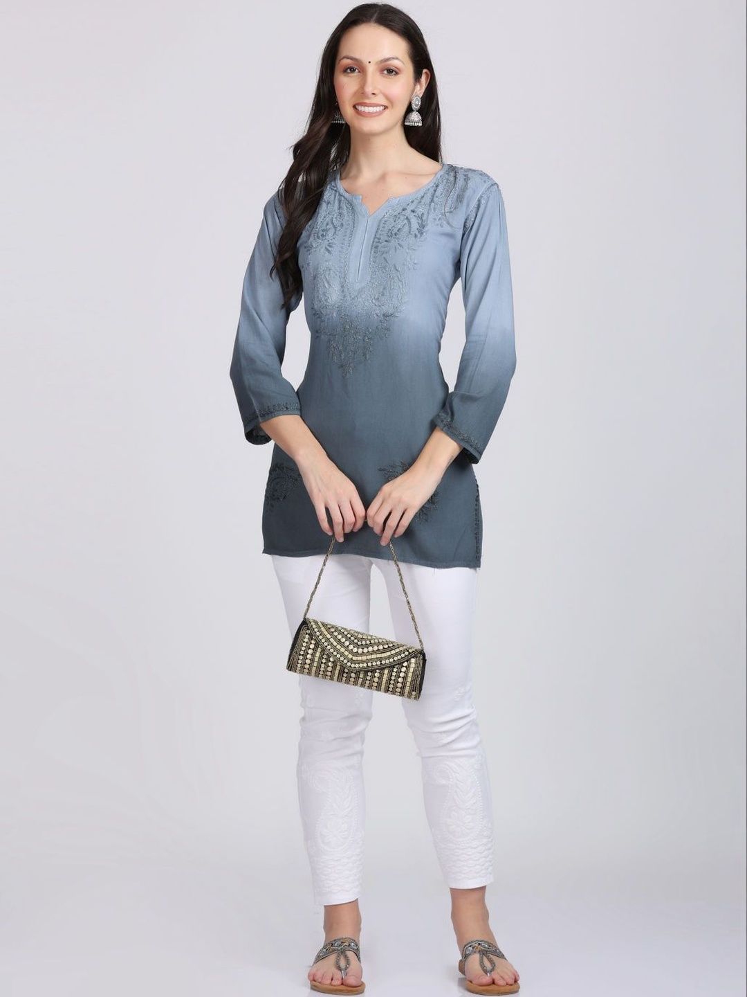 KHAKA Women Ombre Embroidered Regular Chikankari Kurti with Trousers