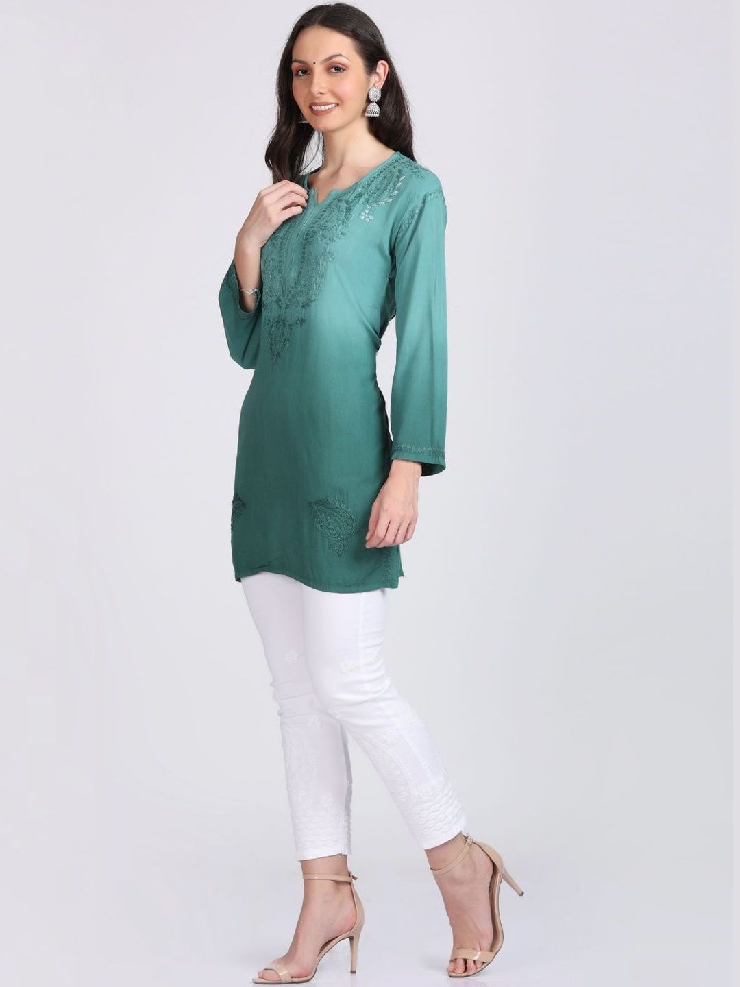 KHAKA Women Ethnic Motifs Embroidered Regular Chikankari Kurti with Trousers