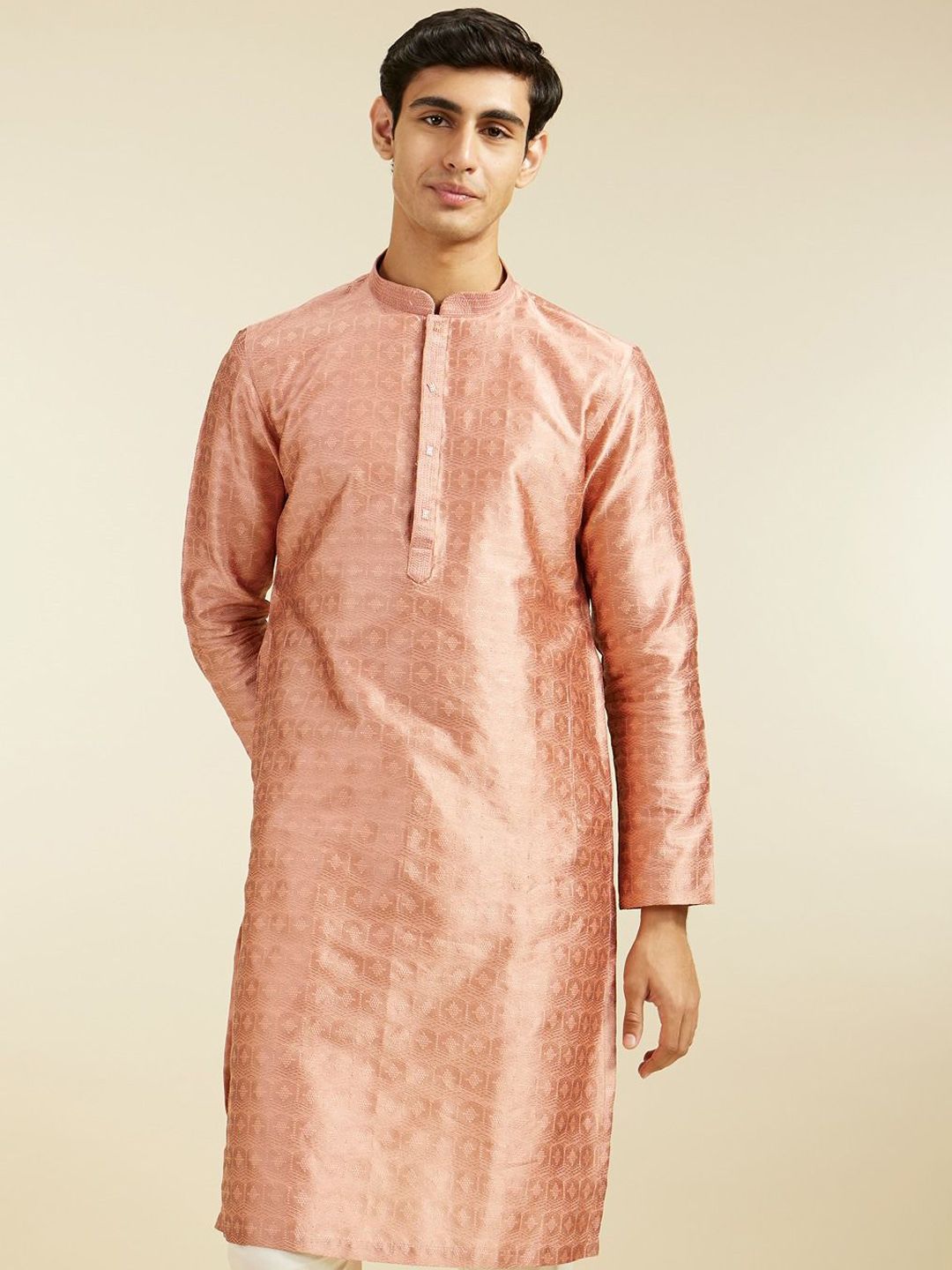 Diwas by Manyavar Geometric Woven Design Thread Work Art Silk Straight Kurta