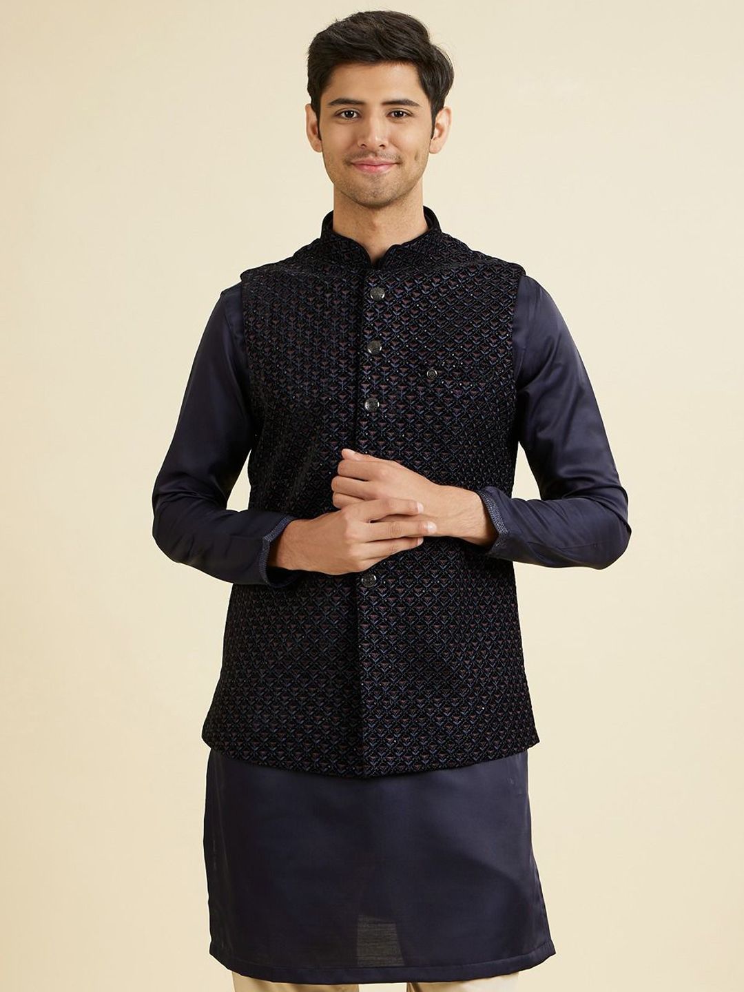 Manyavar Embroidered Velvet Mandarin Collar Nehru Jacket