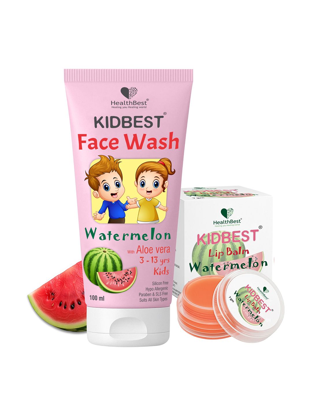 HealthBest Set Of 2 Kids Face Wash -100ml & Lip Balm - 7gm Watermelon Flavor