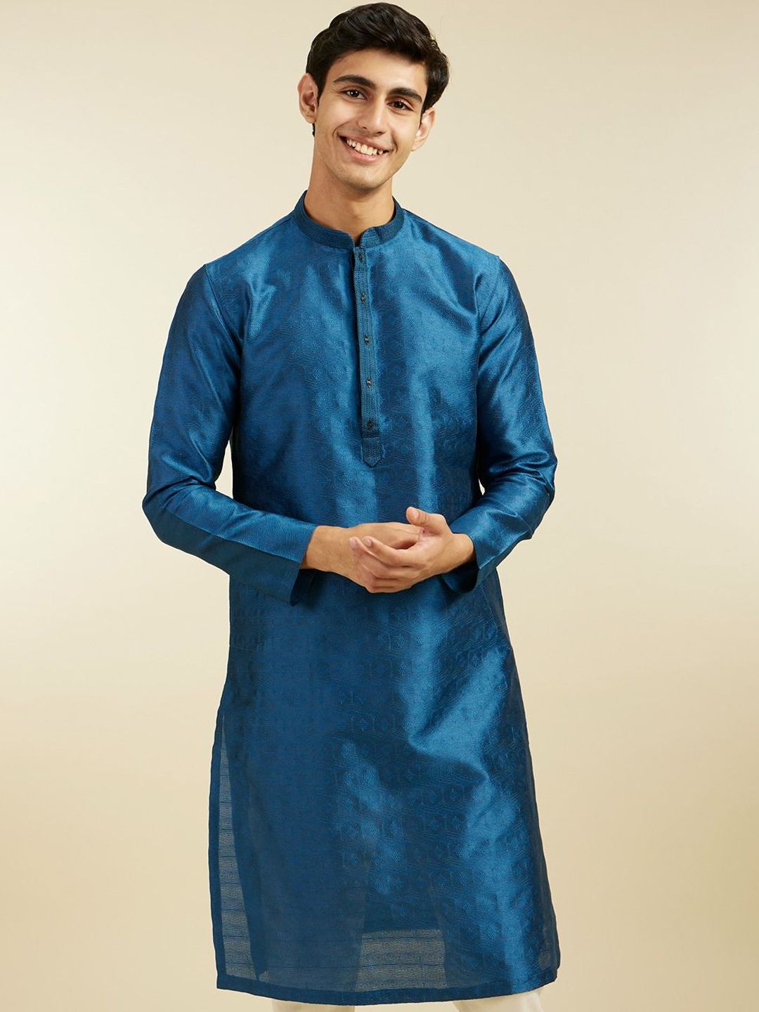 Diwas by Manyavar Geometric Woven Design Thread Work Art Silk Straight Kurta