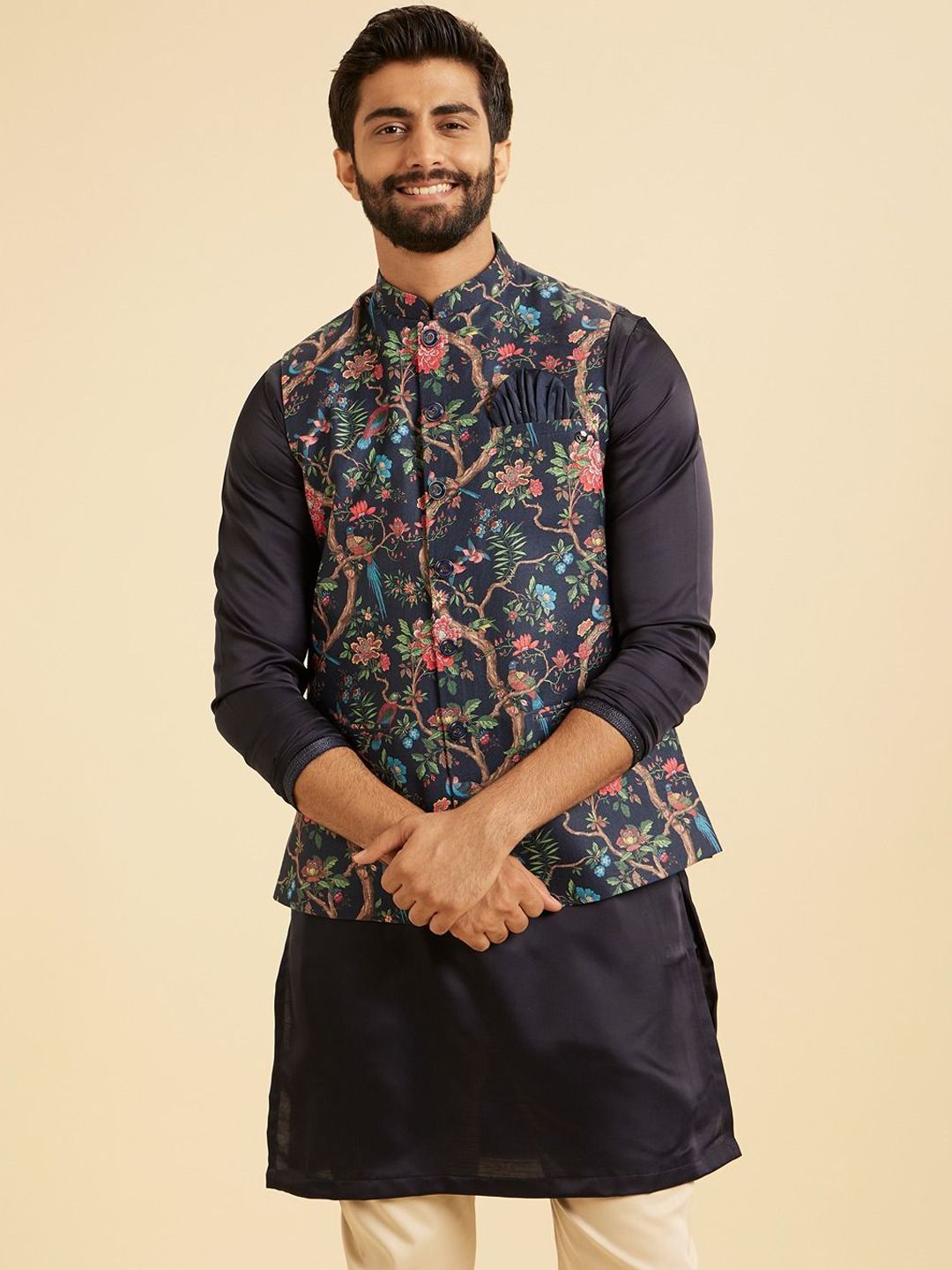 Manyavar Men Floral Printed Nehru Jacket
