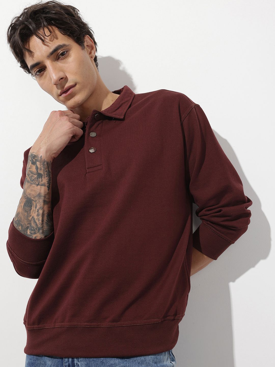 The Roadster Life Co. Shirt Collar Knitted Ribbed Sweatshirt