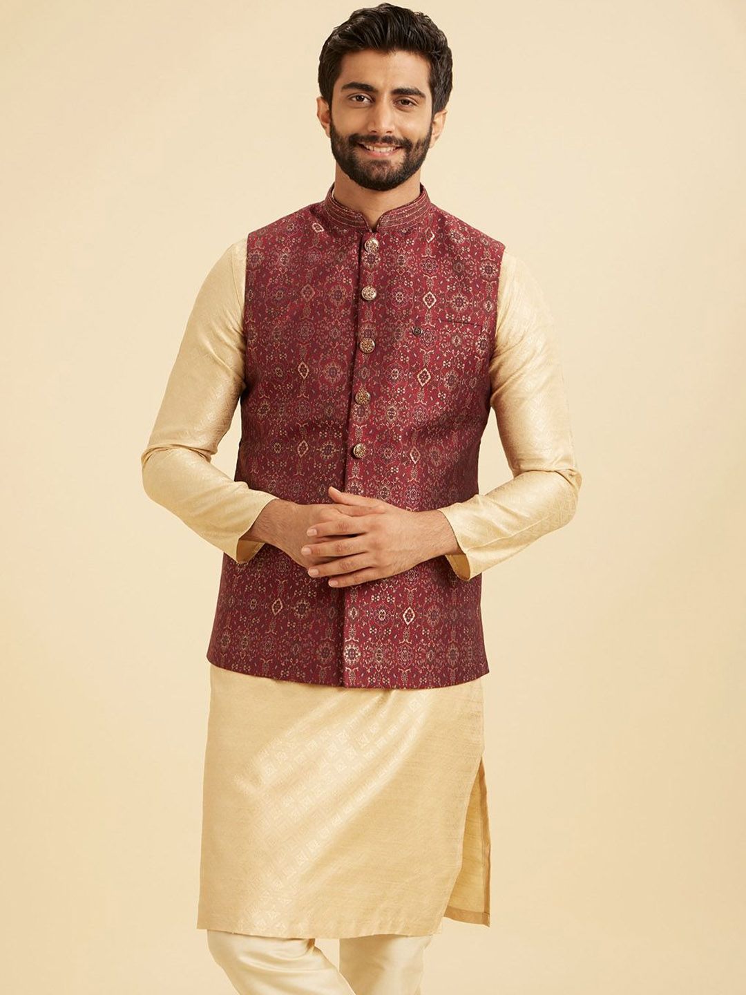 Manyavar Plus Size Woven Design Mandarin Collar Nehru Jacket