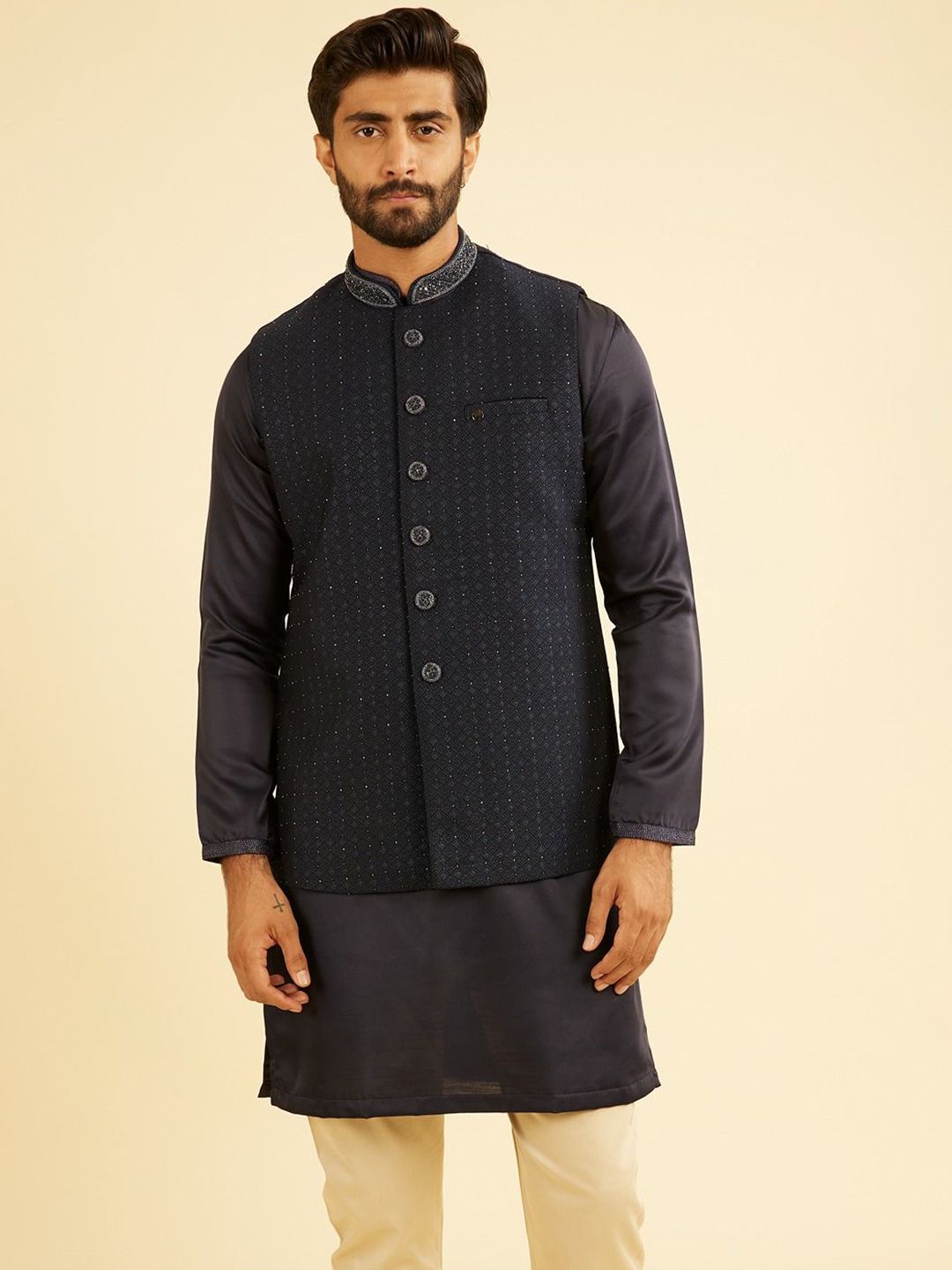 Manyavar Men Embroidered Nehru Jacket With Pocket Square