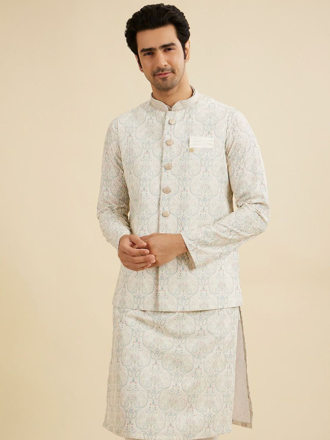 Manyavar Men Embroidered Woven Nehru Jacket