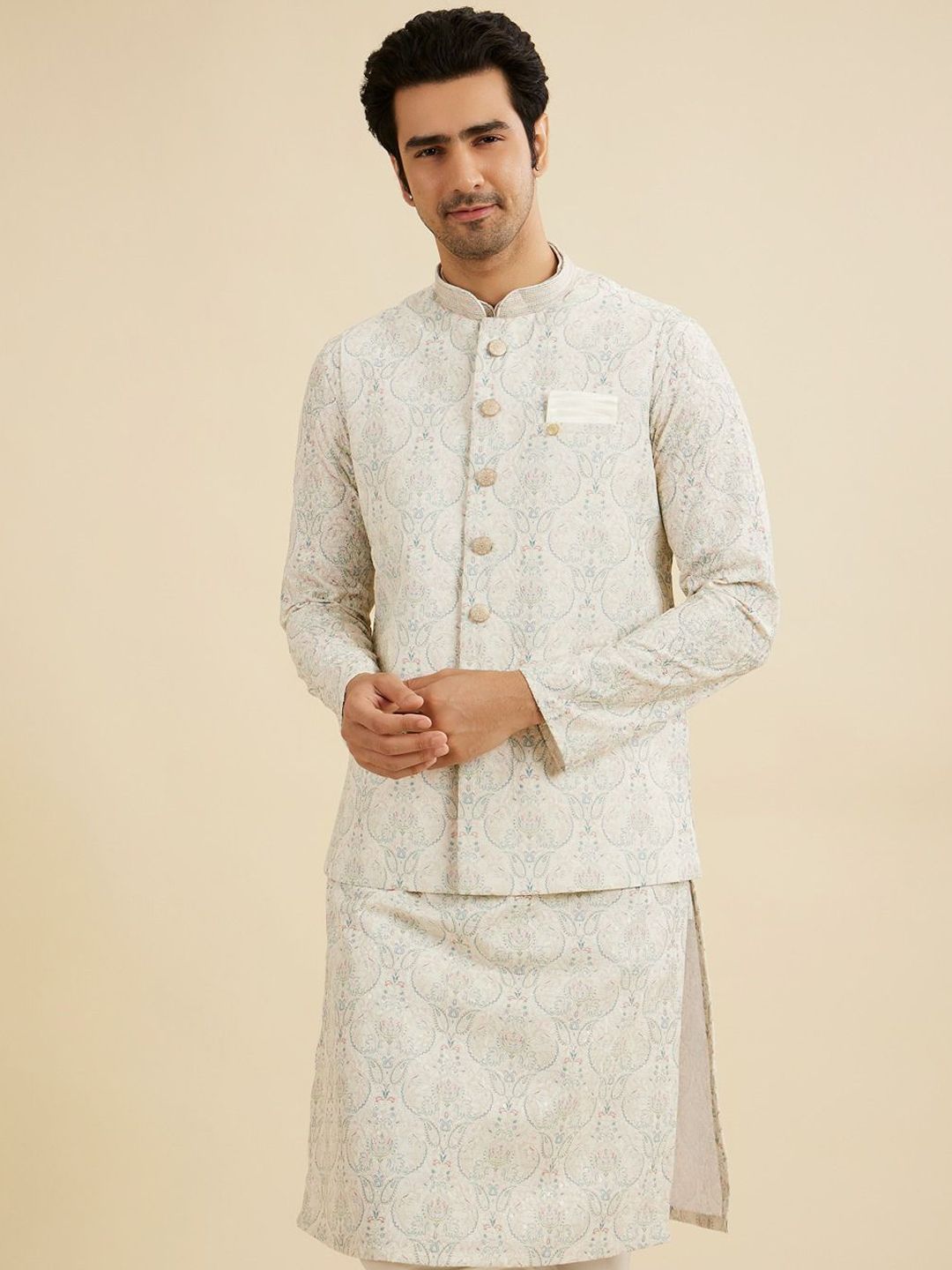 Manyavar Men Embroidered Woven Nehru Jacket