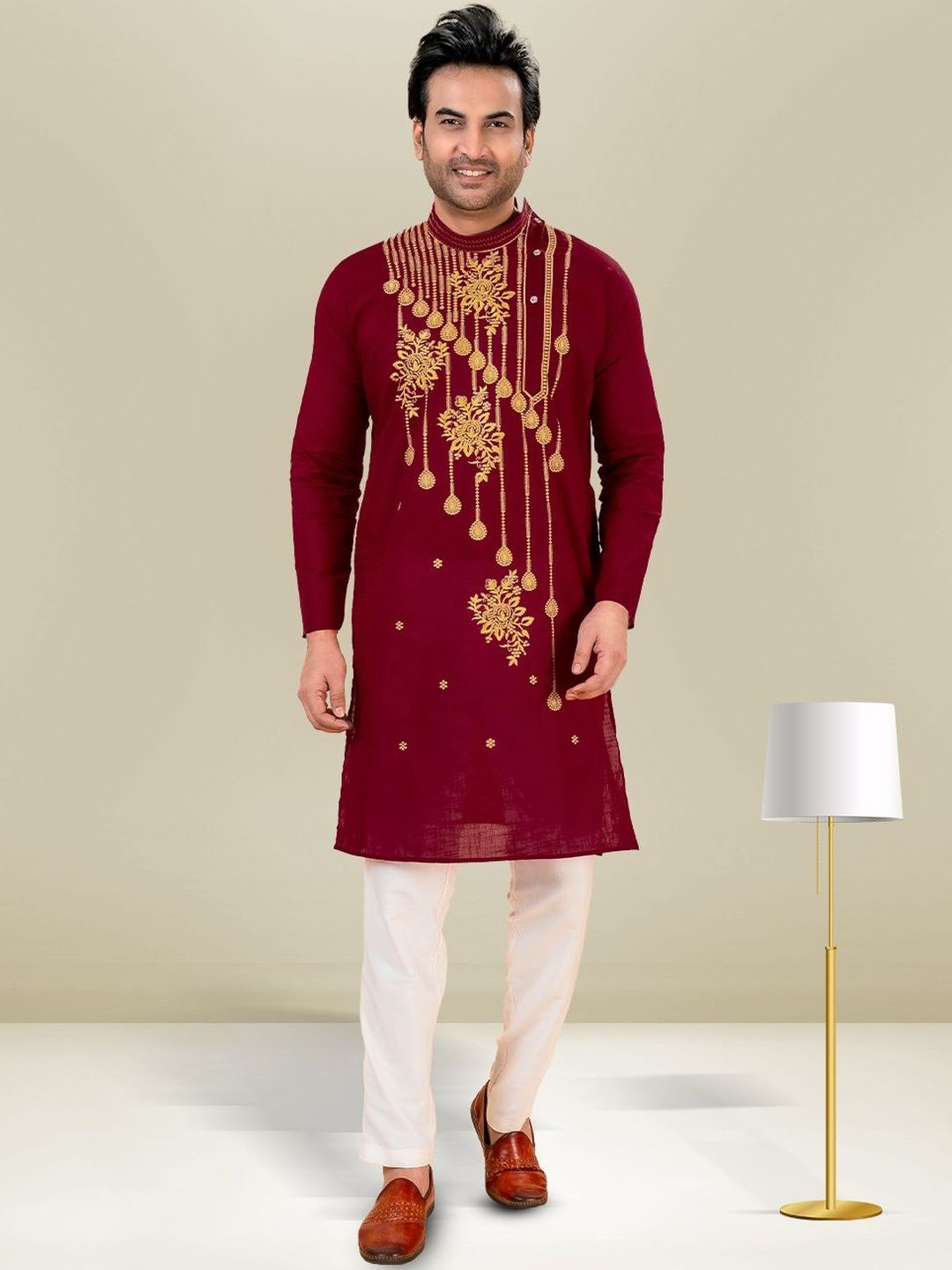 FRANSCART Men Geometric Embroidered Flared Sleeves Thread Work Kurta