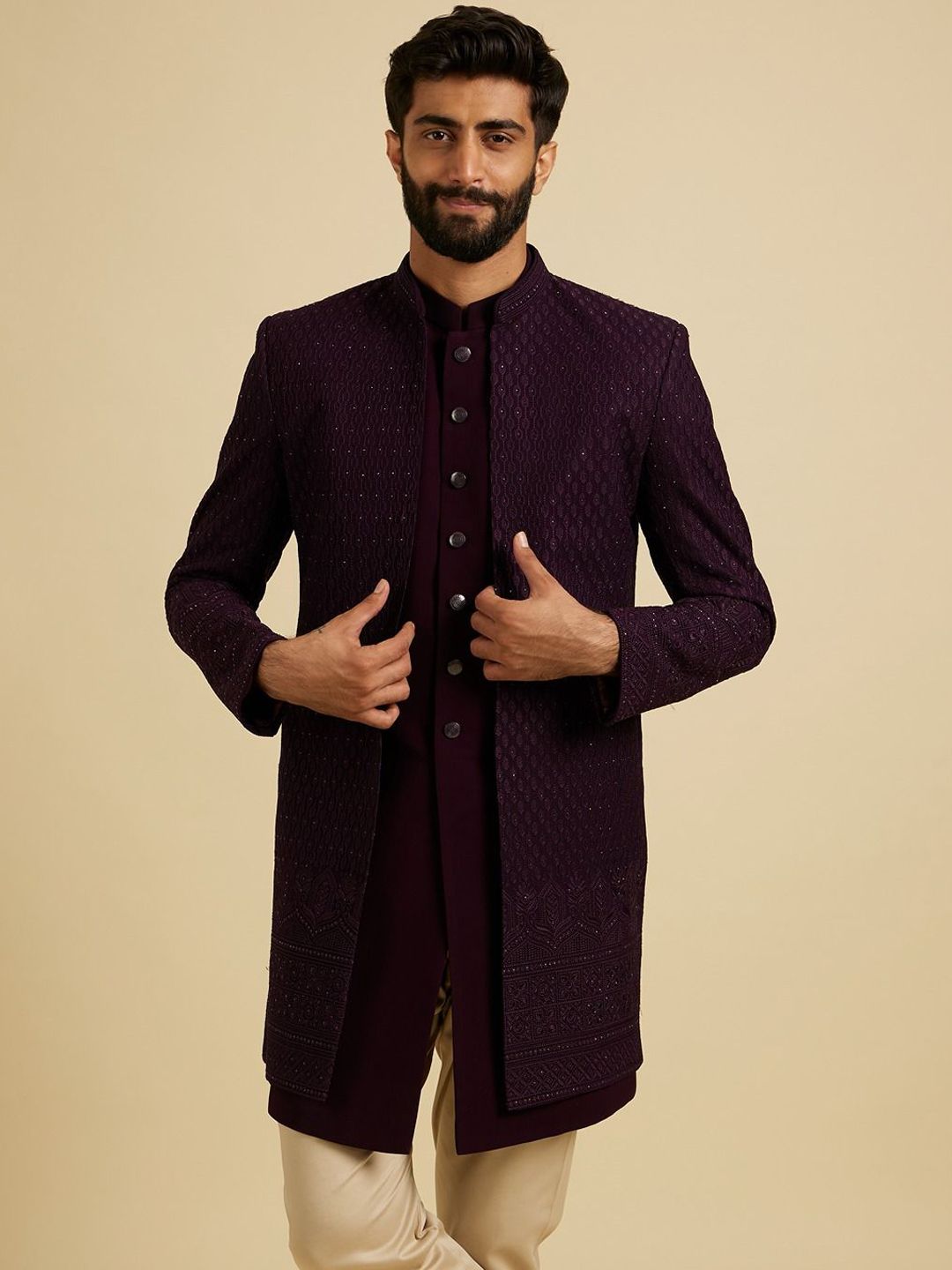 Manyavar Men Embroidered Sequin Work Mandarin Collar Sherwani Set