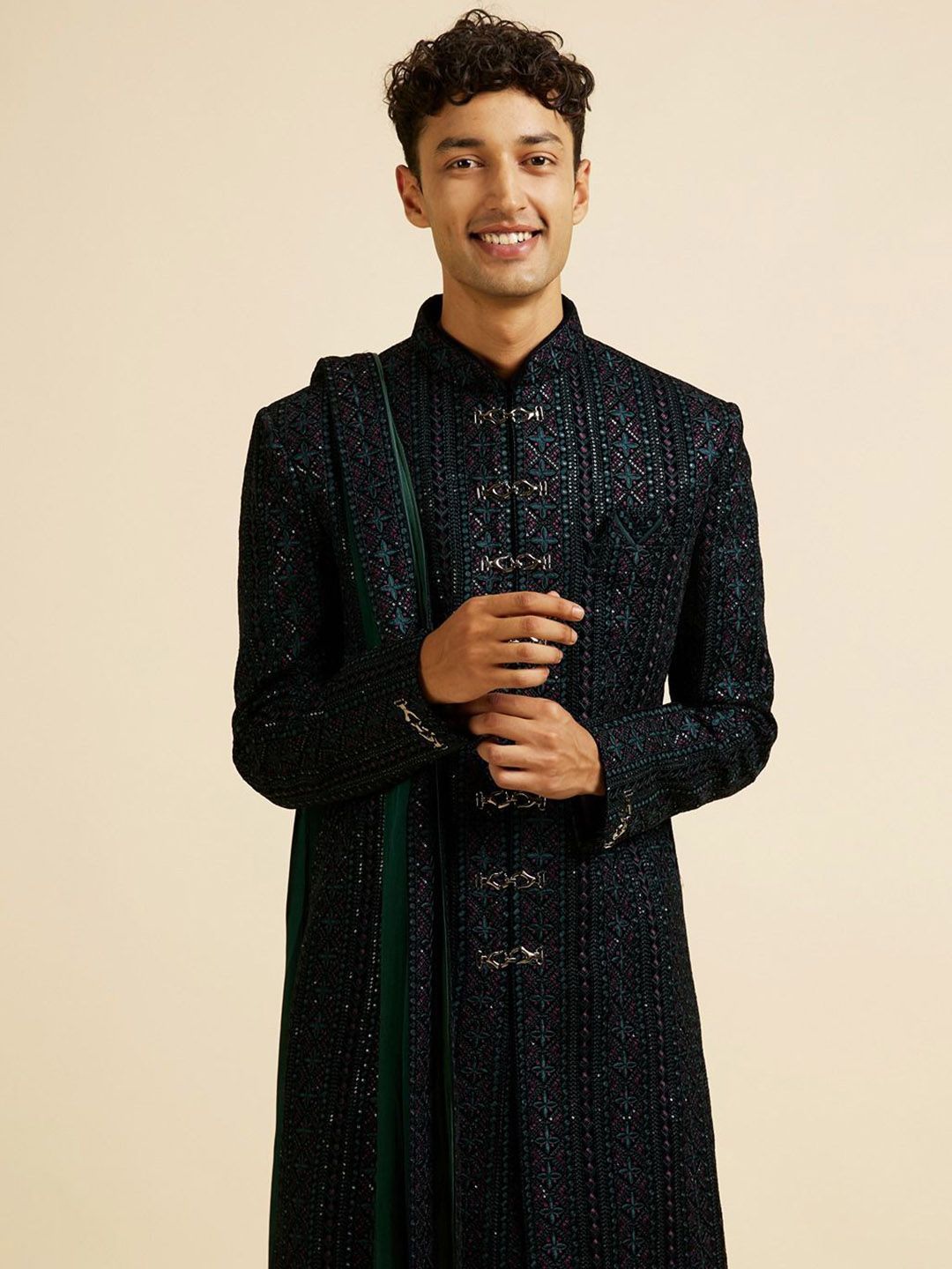 Manyavar Embroidered Mandarin Collar Sherwani Set with Dupatta