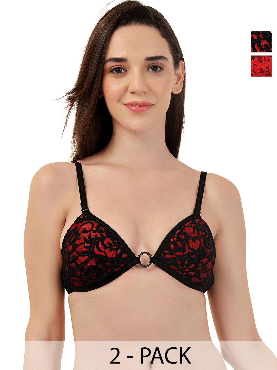 SELFCARE Women Pack Of 2 Floral Lace Half Coverage Lightly Padded Bra