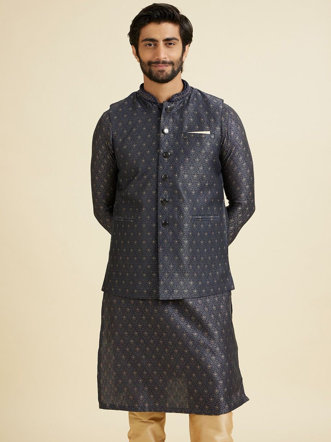 Manyavar Woven Design Mandarin Collar Nehru Jacket