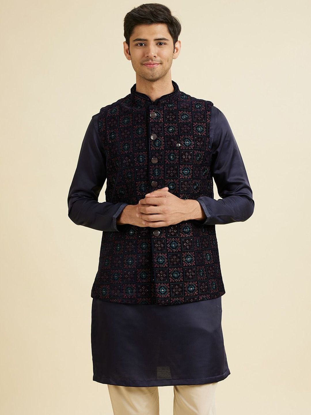 Manyavar Embroidered Velvet Mandarin Collar Nehru Jacket