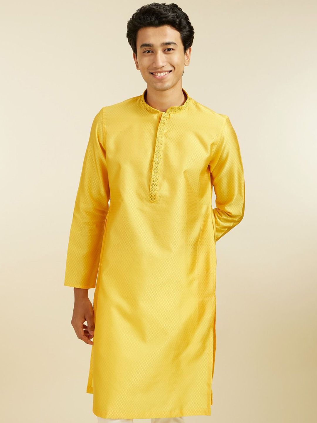 Diwas by Manyavar Floral Woven Design Mandarin Collar Thread Work Art Silk Straight Kurta