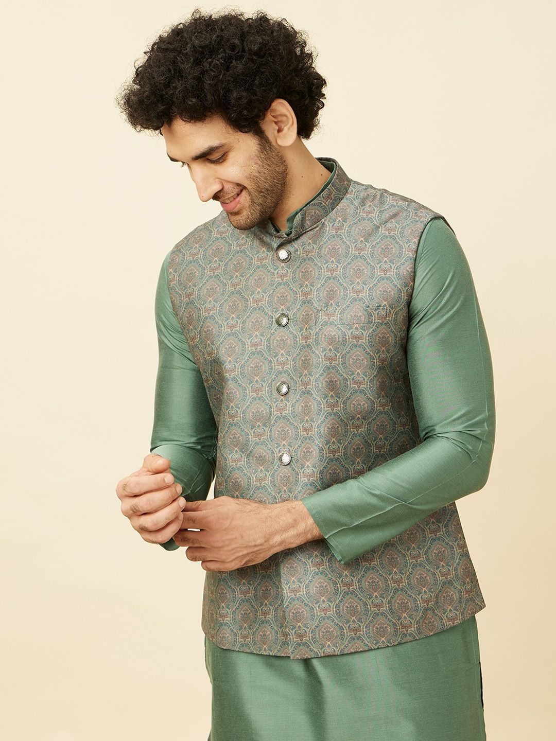 Manyavar Ethnic Motifs Printed Mandarin Collar Nehru Jacket