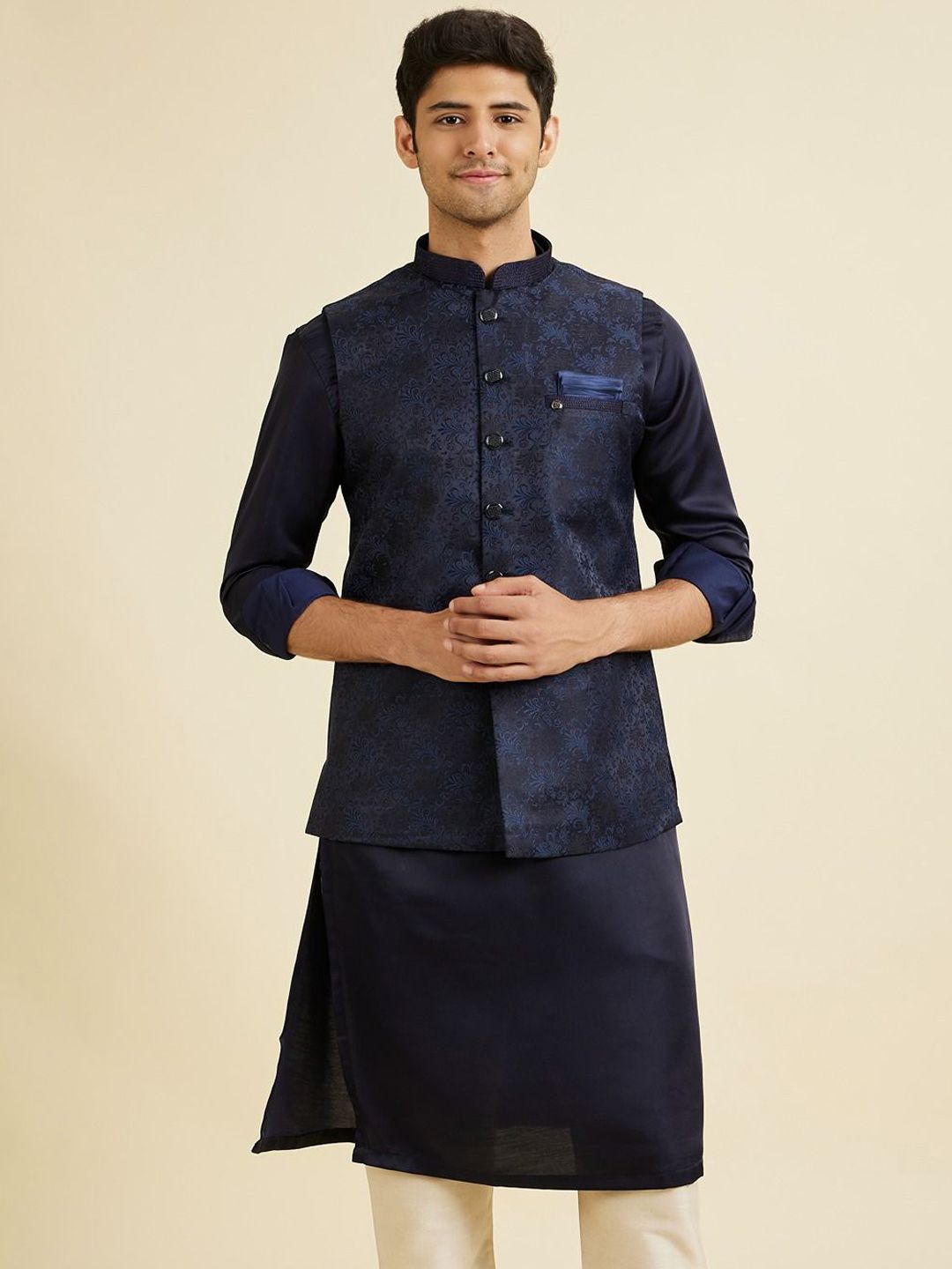 Manyavar Woven Design Mandarin Collar Nehru Jacket