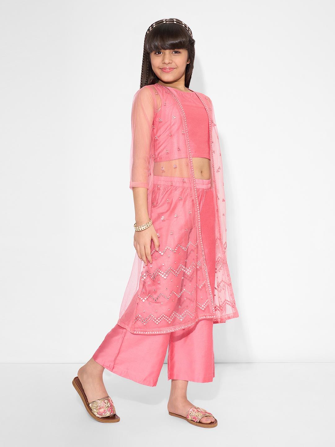 AKKRITI BY PANTALOONS Girls Embroidered Mirror Work Kurta with Palazzos & Jacket
