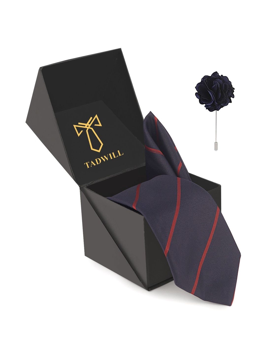 TADWILL Men Striped Broad Tie with Lapel Pin