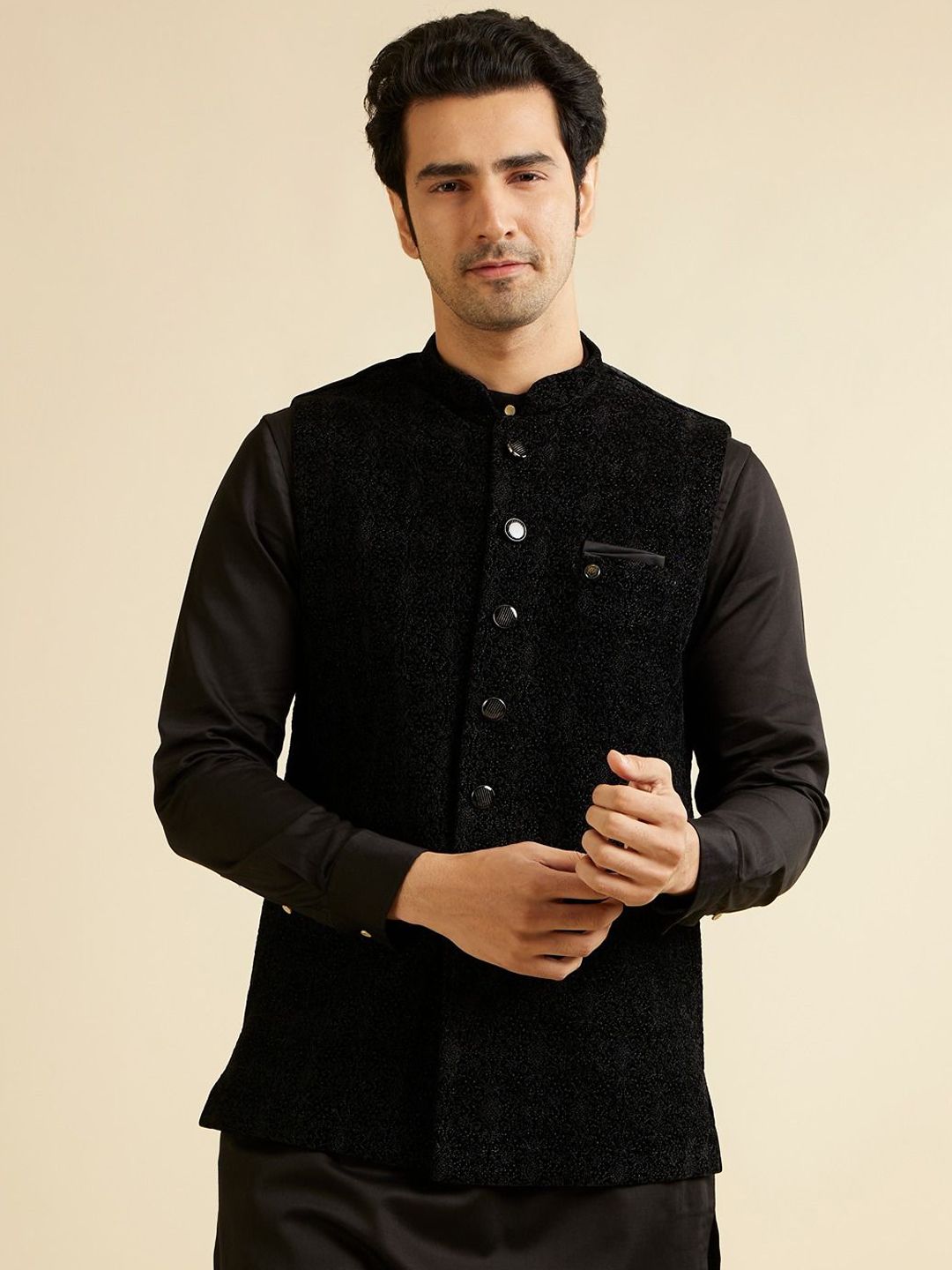 Manyavar Men Embroidered Woven Nehru Jacket