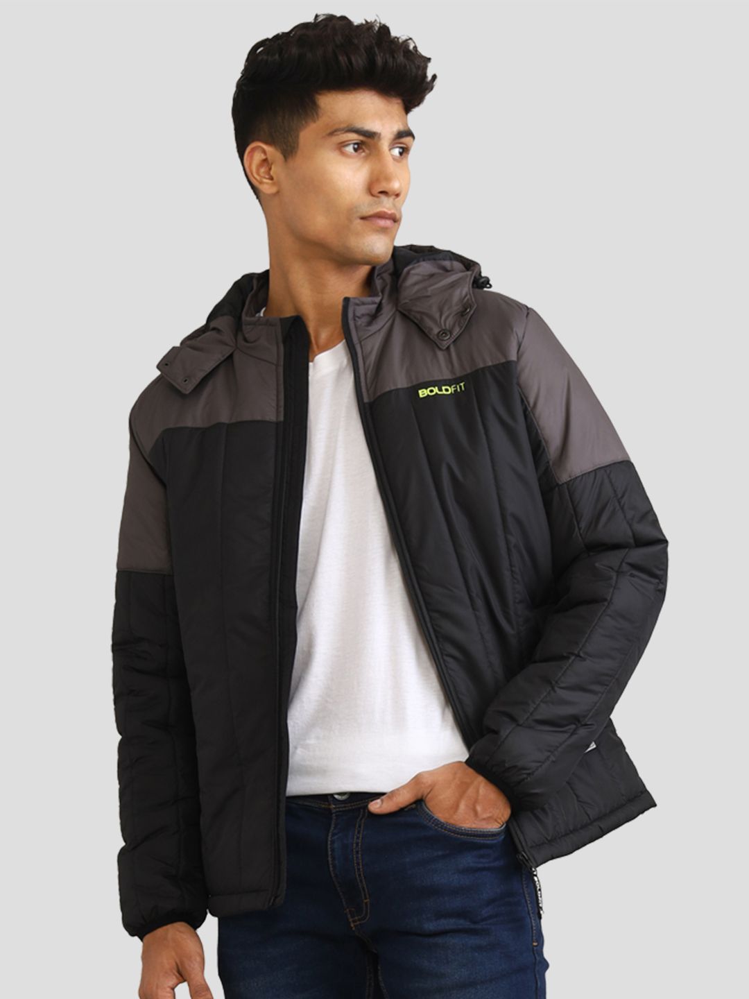 BOLDFIT Colourblocked Windcheater Outdoor Quilted Hooded Padded Jacket