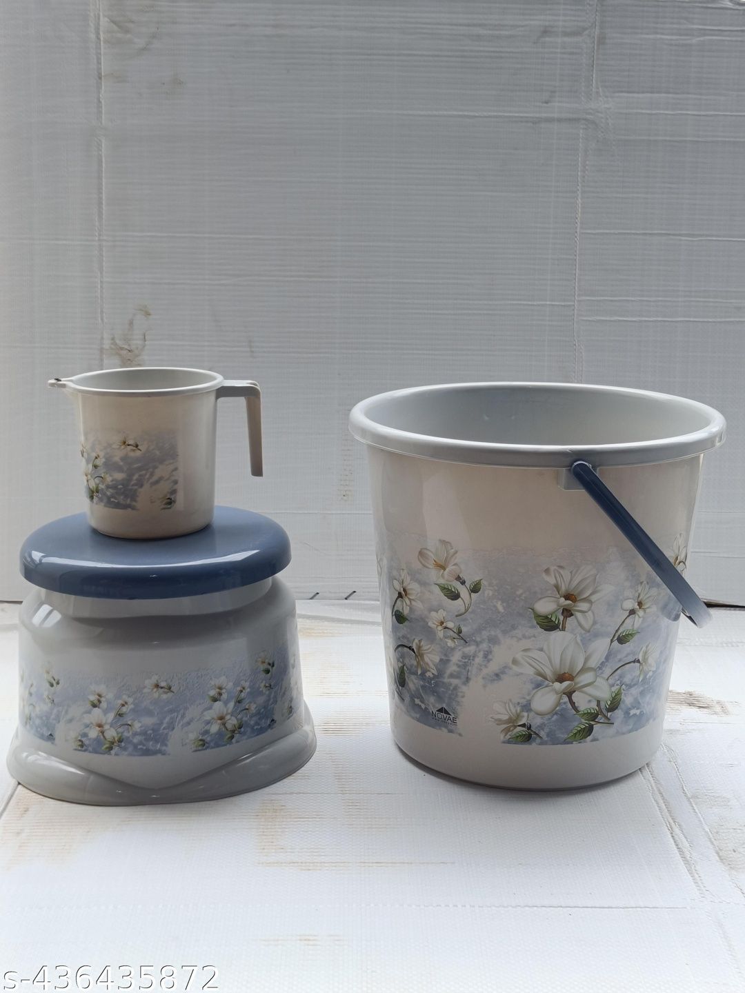 VMK Set of 3 Floral Plastic Bucket Bath Accessories Set