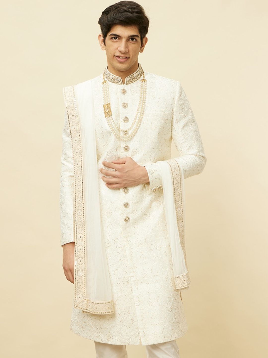 Manyavar Men Self-Design Raw Silk Sherwani Set