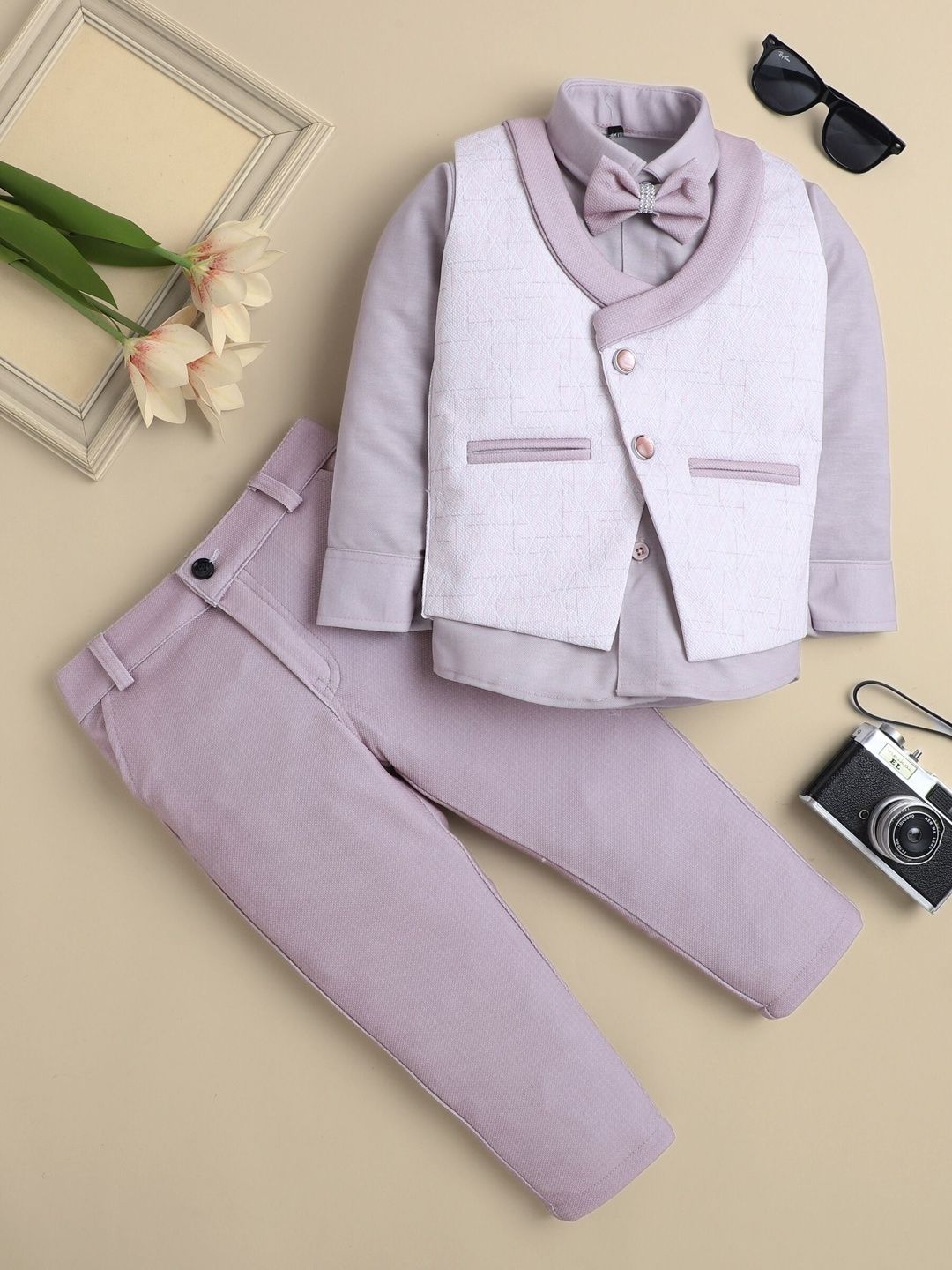 Sangria Boys Geometric Pattern Shawl Collar 3-Piece Suit Set with Bow