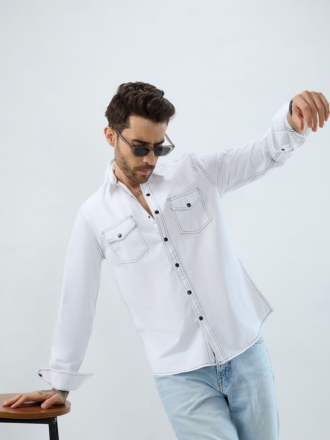 Buy VASTRADO Men White Contrast Stitch Double Pocket Shirt