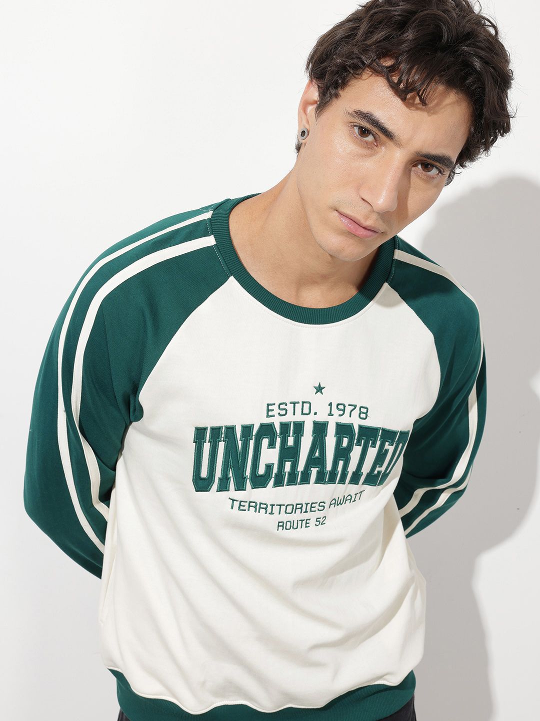 The Roadster Life Co. Relaxed Fit Typography Embroidered Raglan Sleeves Sweatshirt
