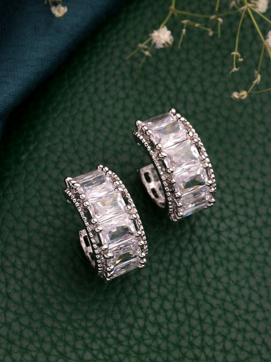 ZENEME Rhodium Plated American Diamond Studded Hoop Earrings