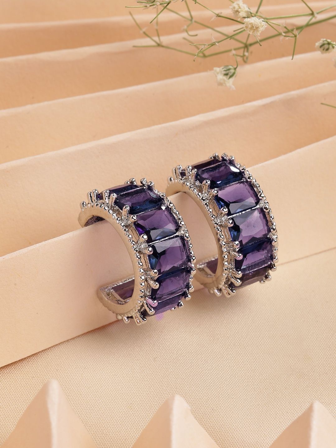 ZENEME Rhodium Plated American Diamond Studded Hoop Earrings