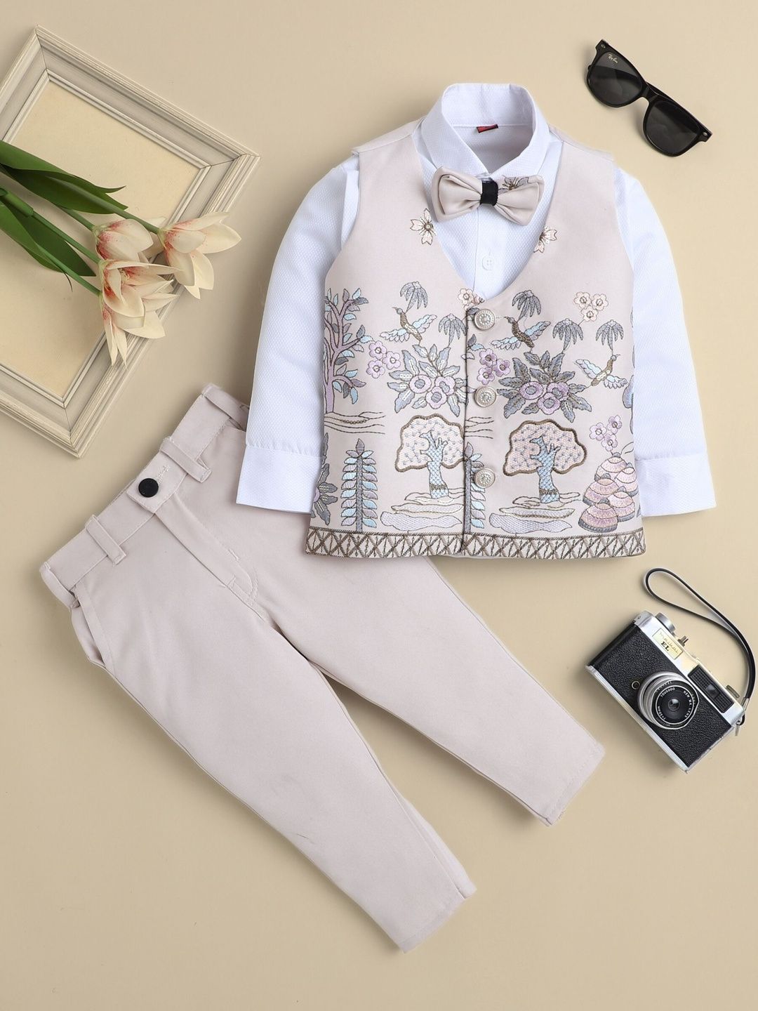 YK Boys Embroidered 3 Piece Suit Set With Bow