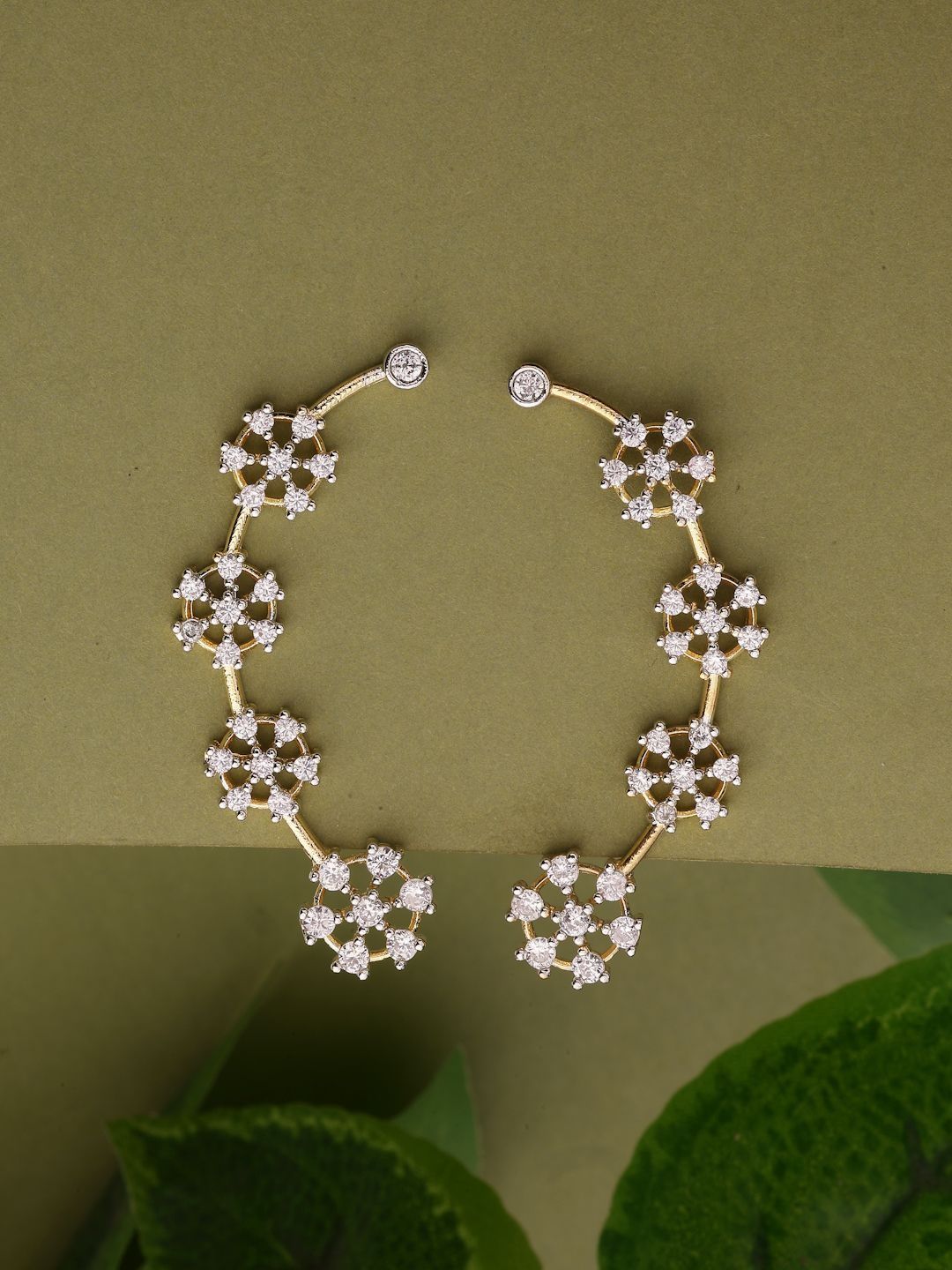 ZENEME Gold Plated American Diamond Studded Floral Shaped Ear Cuff Earrings
