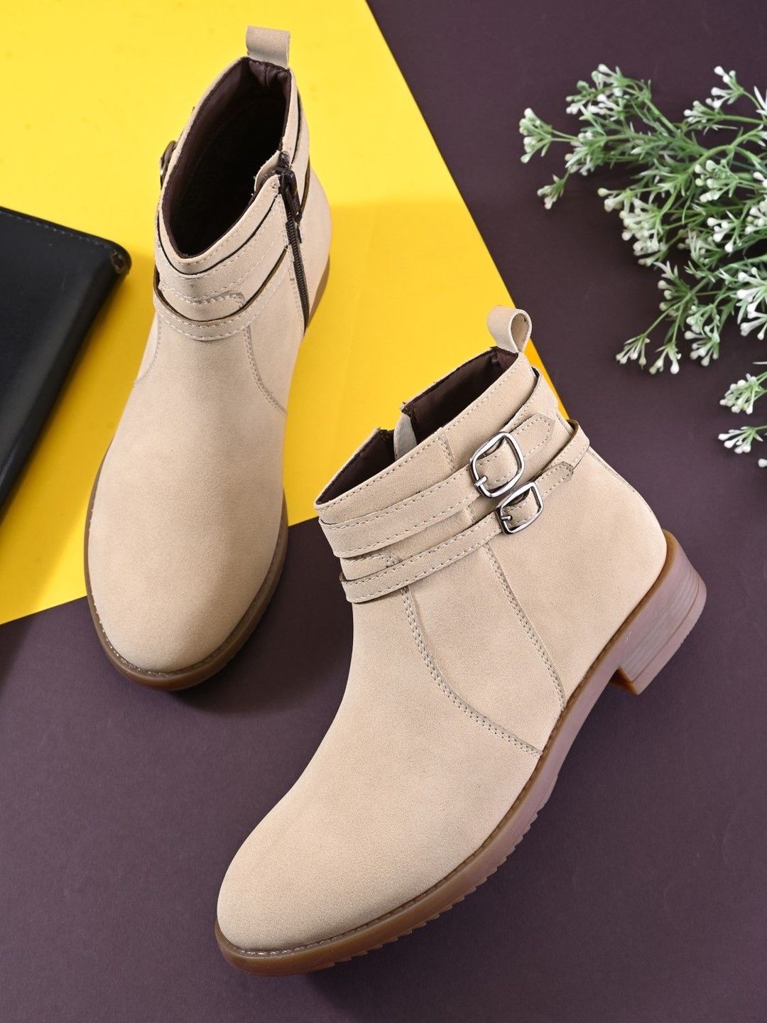 Roadster The Roadster Lifestyle Co Women Beige Solid Suede Finish Chelsea Ankle Boots With Buckles