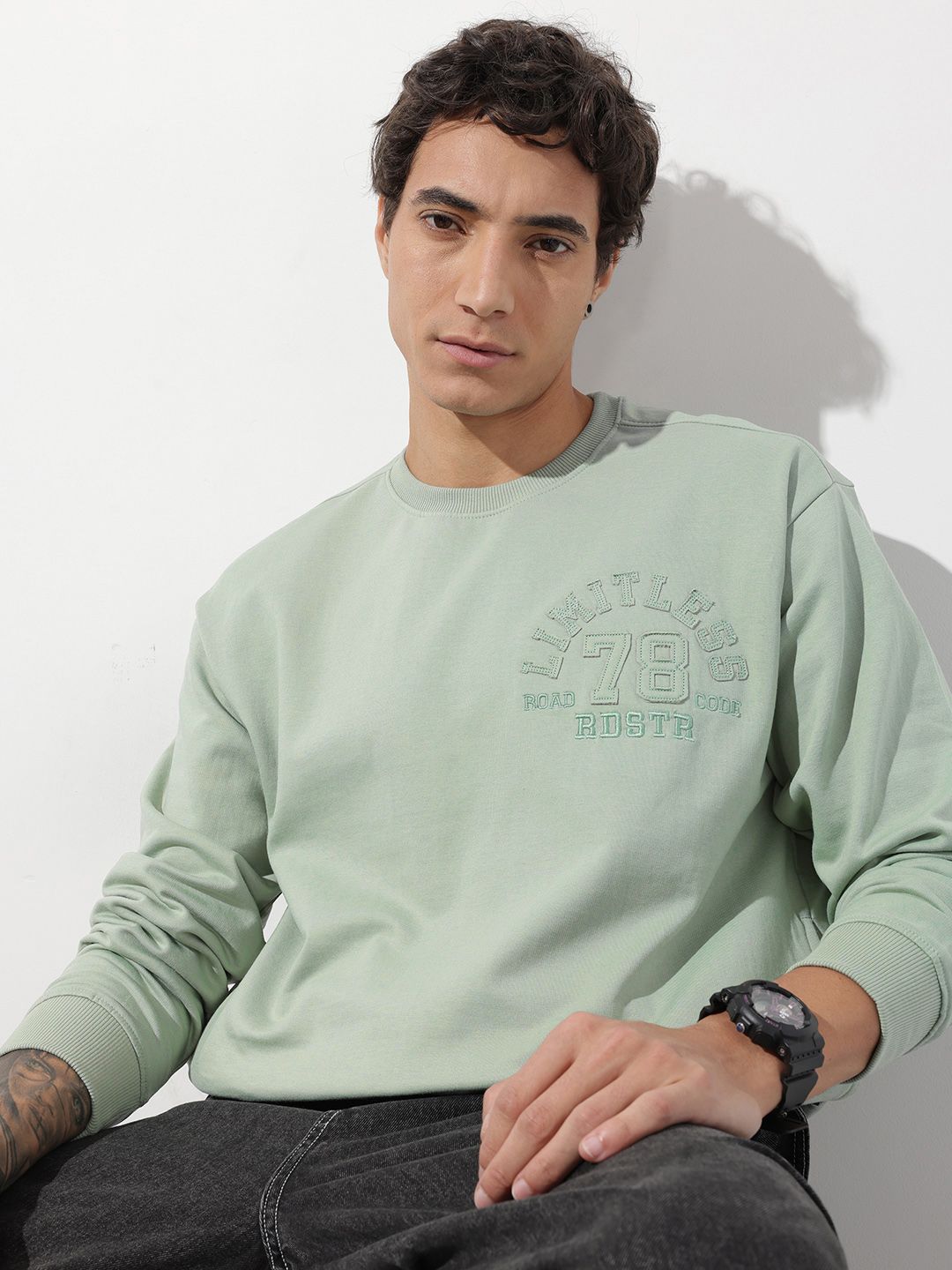 The Roadster Life Co. Relaxed Fit Drop Shoulder Sleeves Applique Detail Sweatshirt
