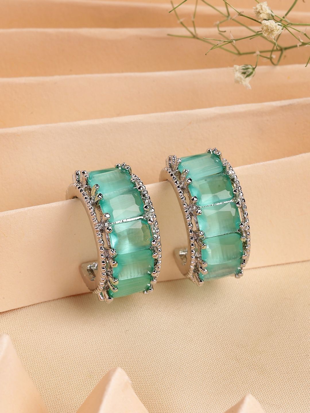 ZENEME Rhodium Plated American Diamond Studded Hoop Earrings