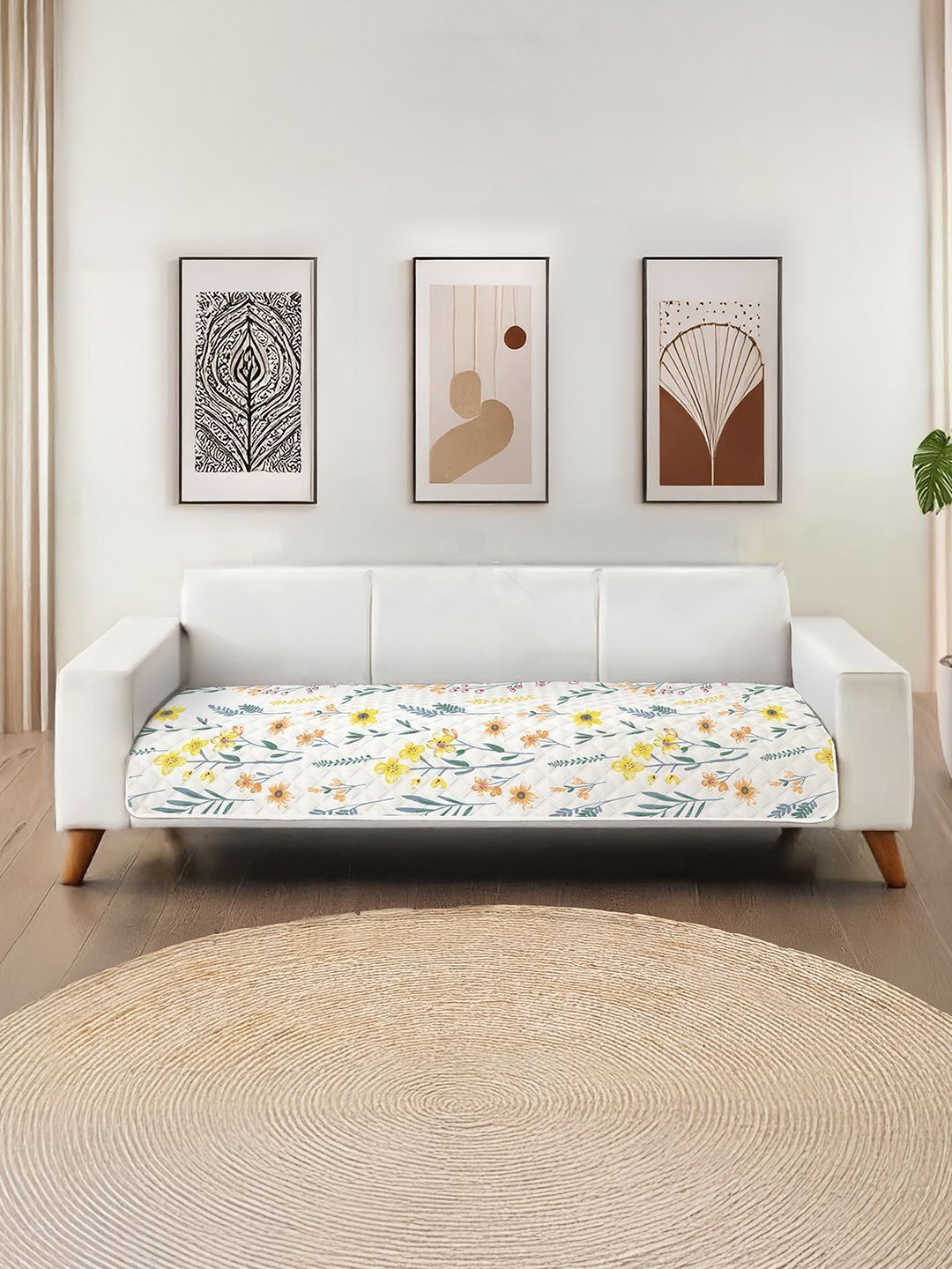 URBAN SPACE White & Yellow Printed Microfiber 2 Seater Sofa Cover