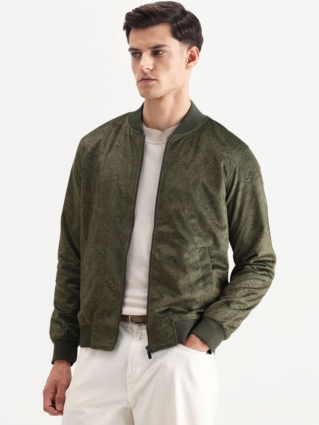 RARE RABBIT Suedo Men Camouflage Bomber with Patchwork Jacket
