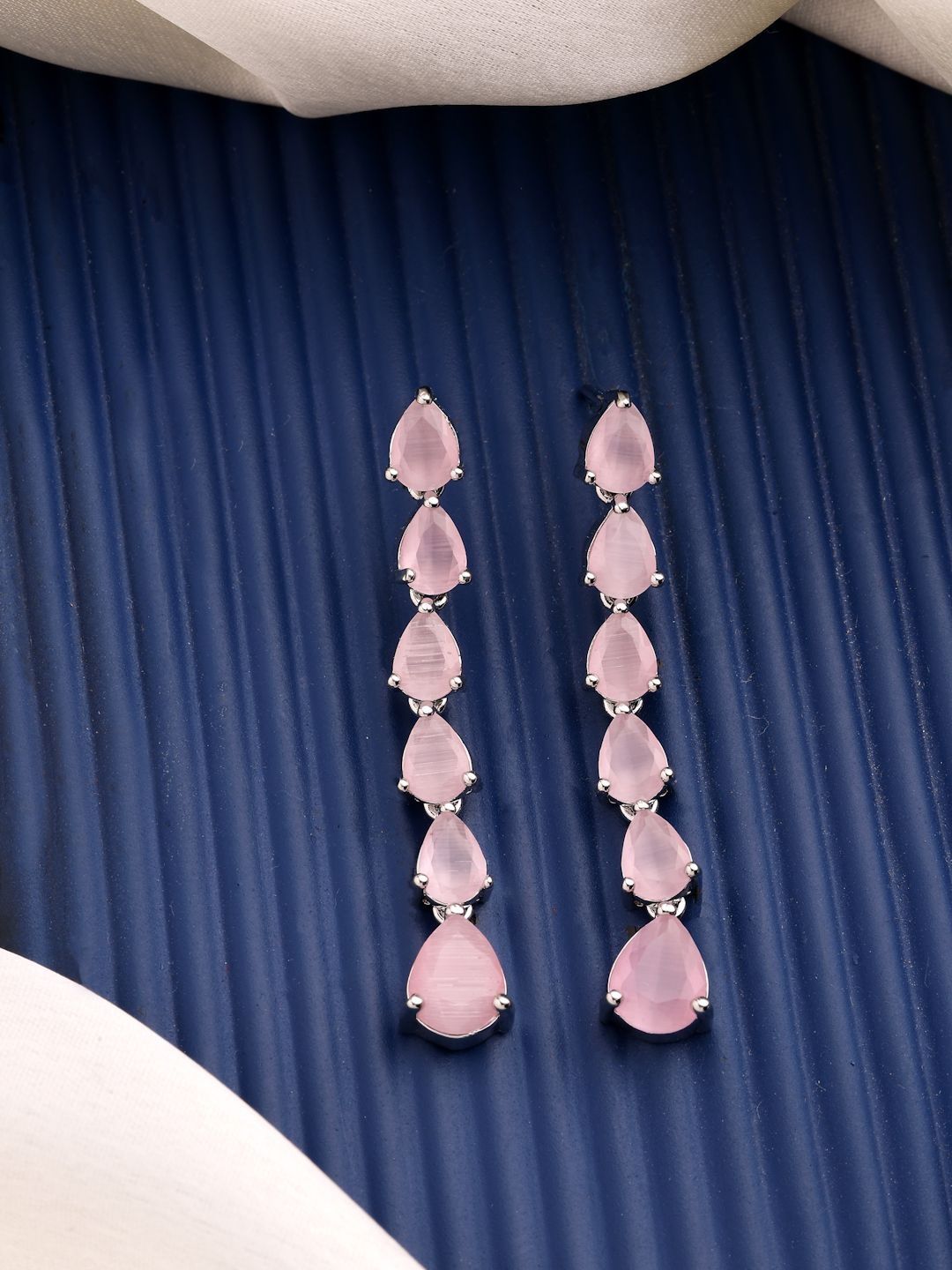 ZENEME Rhodium Plated American Diamond Studded Teardrop Shaped Earrings