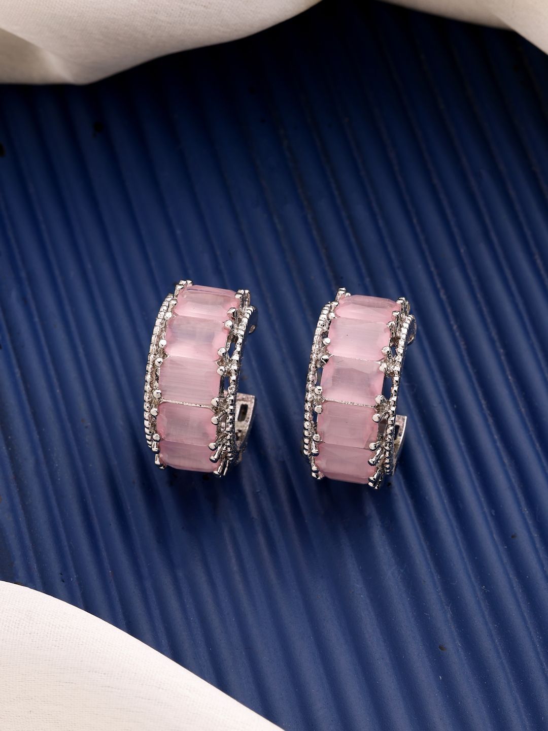 ZENEME Rhodium Plated American Diamond Studded Hoop Earrings