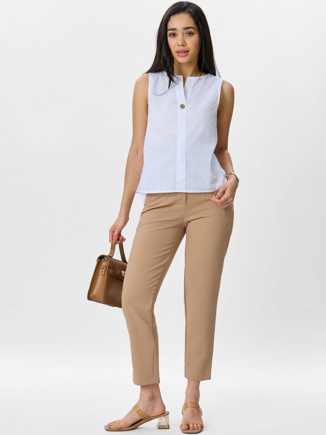 Top Solid Virgio Women Solid Cotton Round Neck Sleeveless High Low Tops