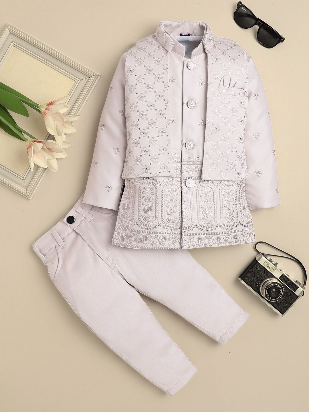 Sangria Boys Embroidered Mandarin Collar Sherwani Set