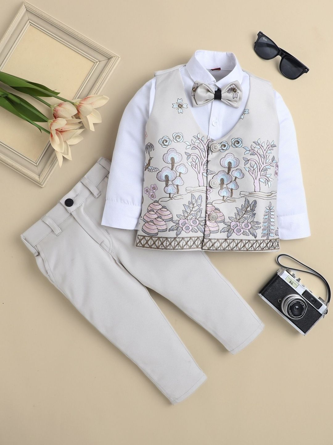 YK Boys Embroidered V-Neck 3-Piece Suit Set With Bow